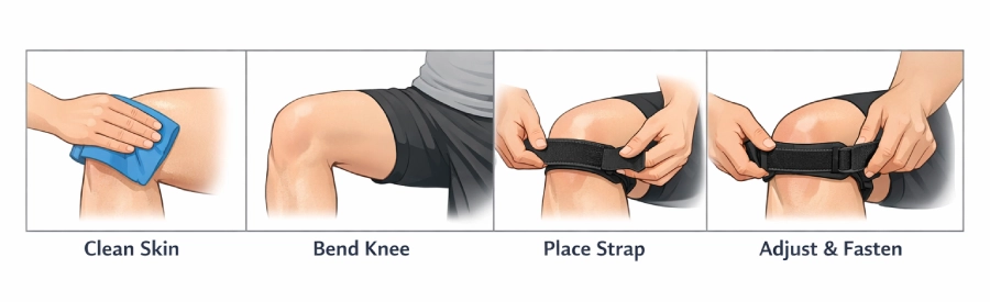 Patella knee strap step-by-step fitting process on a bent knee