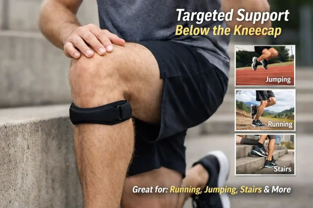 Patella knee strap supporting patellar tendon area during stair exercise