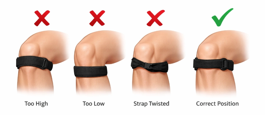 Patella knee strap wearing mistakes and correct position comparison