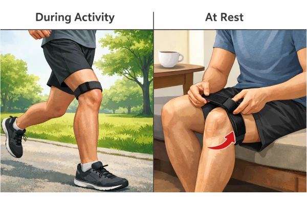 Patella knee strap worn during running and removed while resting indoors