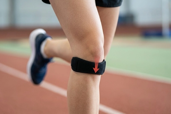 Patella strap, close-up showing targeted compression below the runner’s kneecap during activity