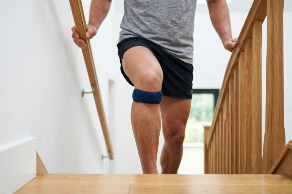 Patella strap worn while ascending stairs for immediate knee pain relief