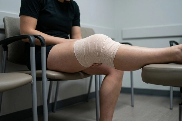 Patient in clinic waiting room with heavily swollen, bandaged knee indicating significant joint injury