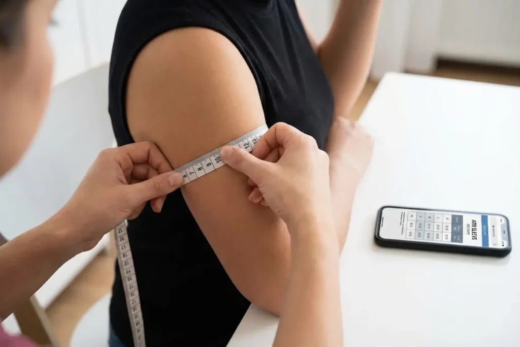Person measuring their upper arm circumference with a tape to find the correct sleeve size