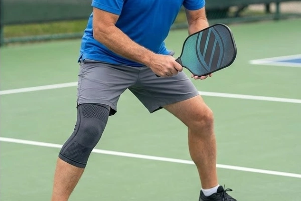 Pickleball knee sleeve on a male player ready to move on the court