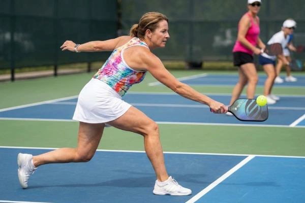 Pickleball player lunging to hit the ball during a competitive match on an outdoor court