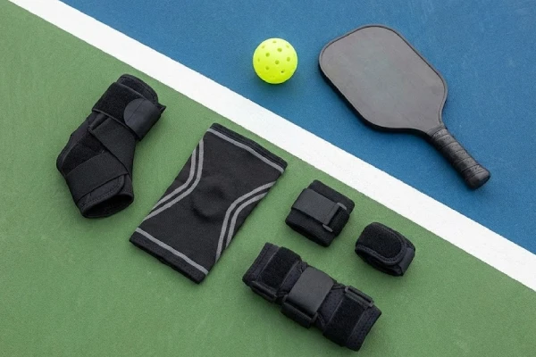 Pickleball support gear collection featuring ankle, knee, and wrist braces laid on court surface