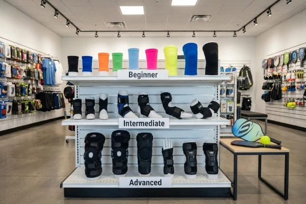 Pickleball support gear displayed in a store, organized by beginner, intermediate, and advanced skill levels