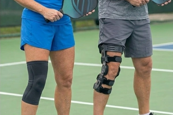 Player compares a lightweight pickleball knee sleeve and a complex hinged brace
