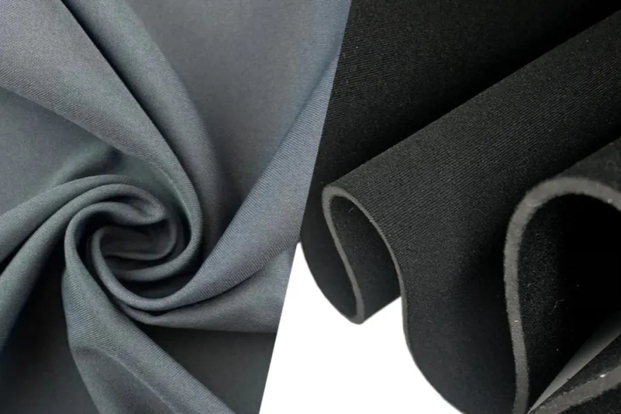 Comparison of polyamide and neoprene fabrics showing texture and flexibility differences for knee support material selection