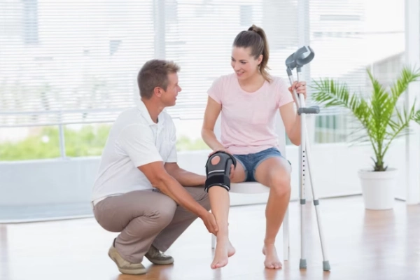 Female patient with Bionic Knee Sleeve for Premium Functional Sleeves receiving physical therapy