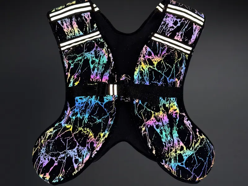 Reflective outer shell coating on a weighted vest for night visibility