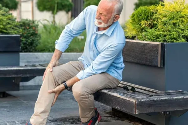 Older man experiencing knee discomfort outdoors, illustrating Retail & Consumer Products use scenario
