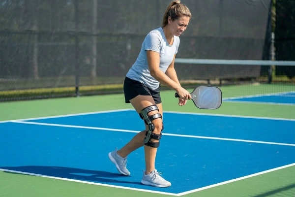 Rigid hinged pickleball knee brace restricting the male player's natural range of motion