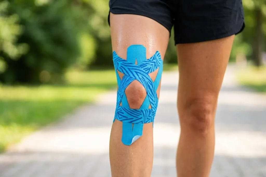 Runner with Knee tape applied around the patella for support