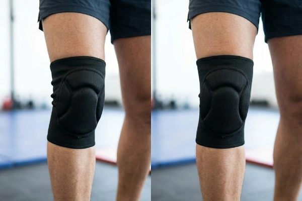 Side-by-side comparison of misaligned and correctly worn black sports knee pad