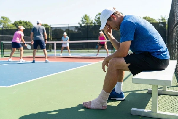 Sidelined pickleball player with a wrapped ankle sits dejectedly by the court