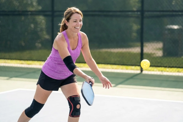 Smiling woman playing pickleball safely wearing a knee brace and elbow sleeve outdoors
