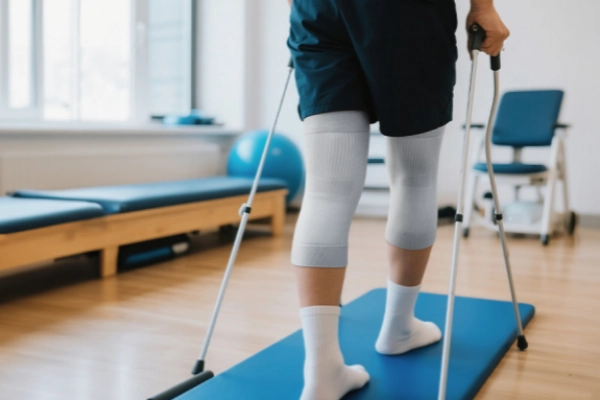 Patient walking with crutches wearing knee sleeves for circulation and special medical needs in recovery setting