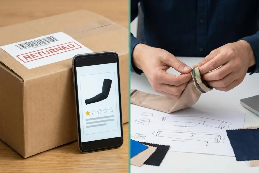 Split image showing a product return with a bad review alongside a designer checking sleeve quality