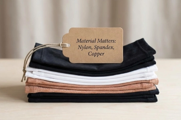 Stacked arm sleeves with a tag summarizing the material types_ Nylon, Spandex, Copper