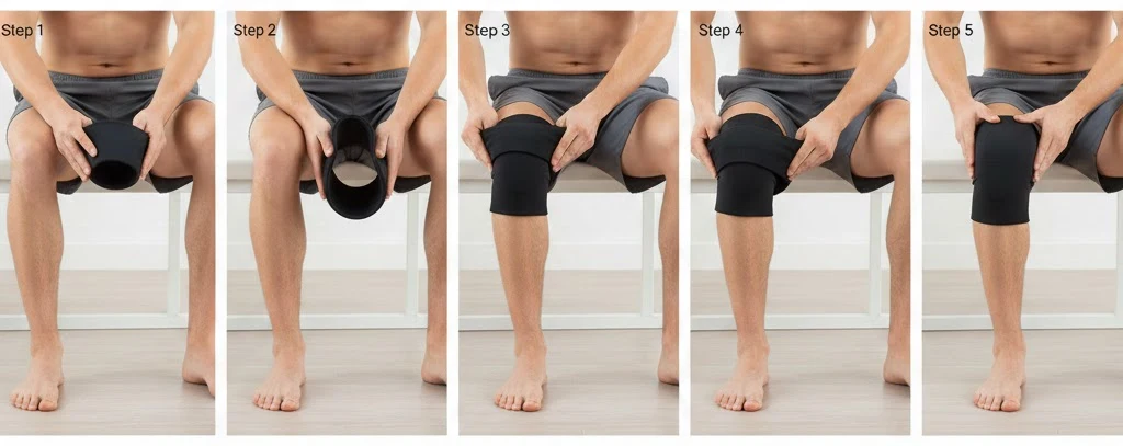 Step-by-step guide showing how to put on a knee compression sleeve correctly while seated