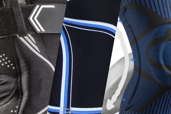 Three different stitched protective gear materials highlighting sewing patterns and panel construction for custom support