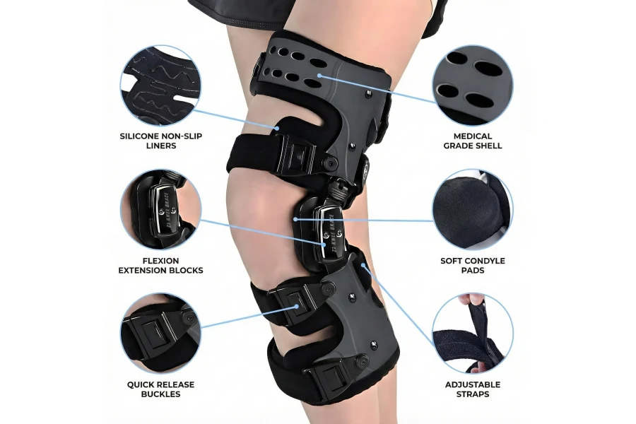 Detailed knee brace structure design highlighting hinges buckles liners and adjustable support components