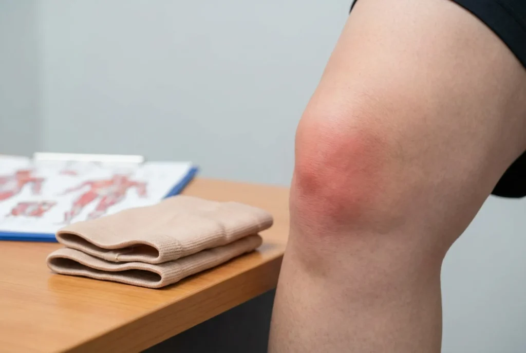 Swollen knee with a sleeve nearby showing when compression is not enough