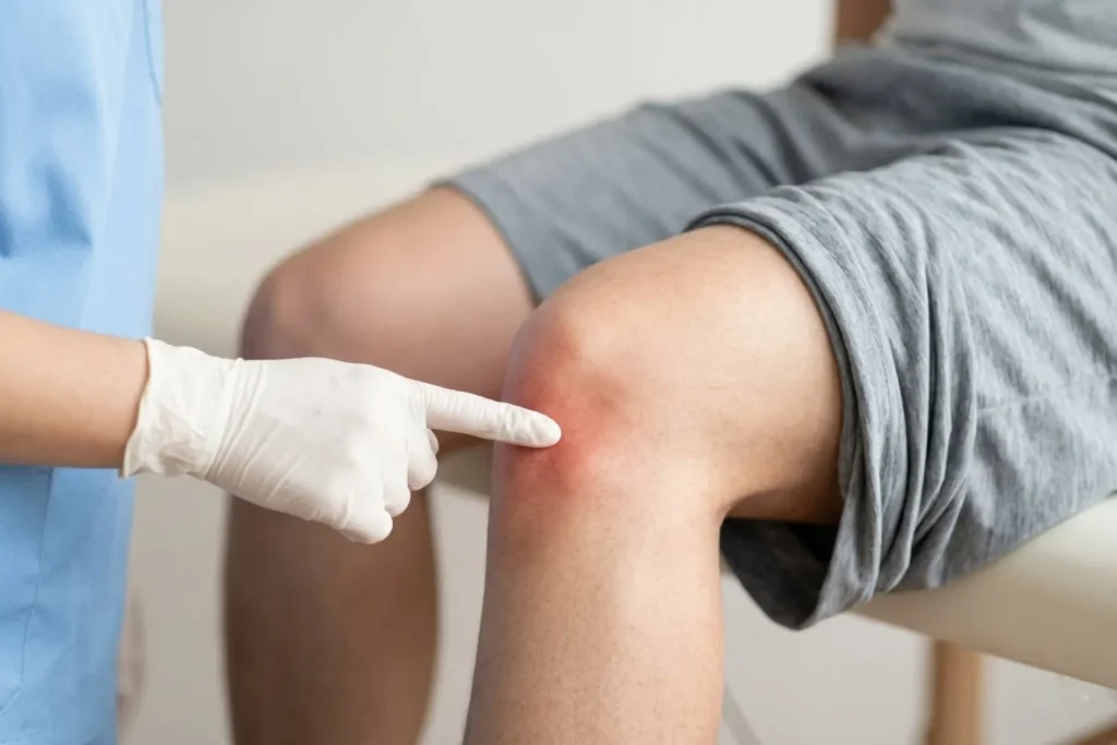 Therapist pointing to localized patellar tendon knee pain location