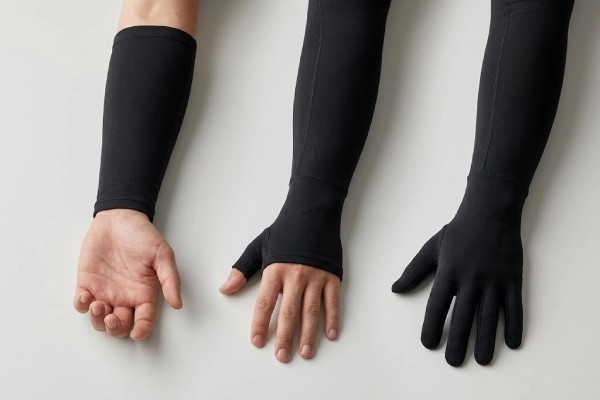 Three gaming arm sleeves showing open palm, thumb-hole, and full-glove styles