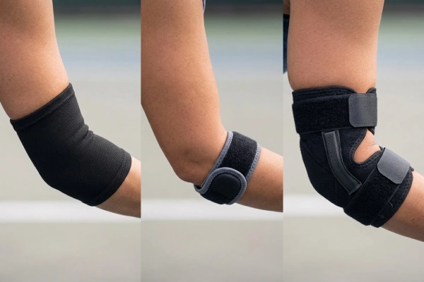 Three types of pickleball elbow support_ sleeve, strap, and brace compared