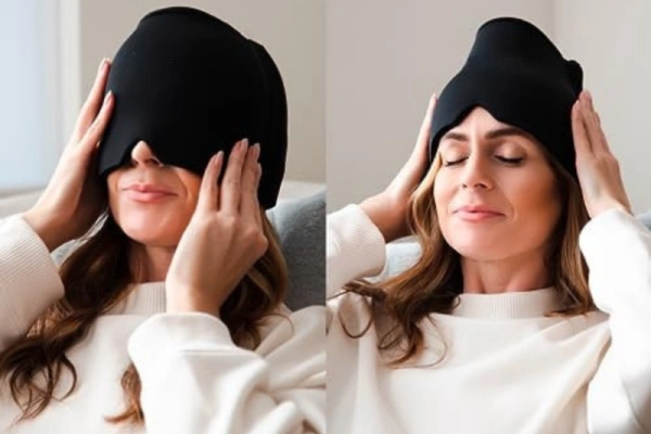 Model demonstrates two wearing styles of Migraine Relief Cap for head and eye coverage