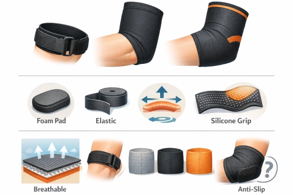 Various elbow straps and sleeves showing materials like neoprene and knit