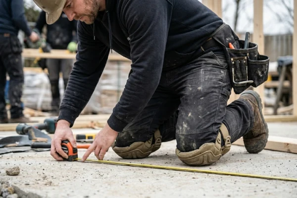 Worker kneeling with flexible, secure rugged knee pads that maintain coverage during active job site movement