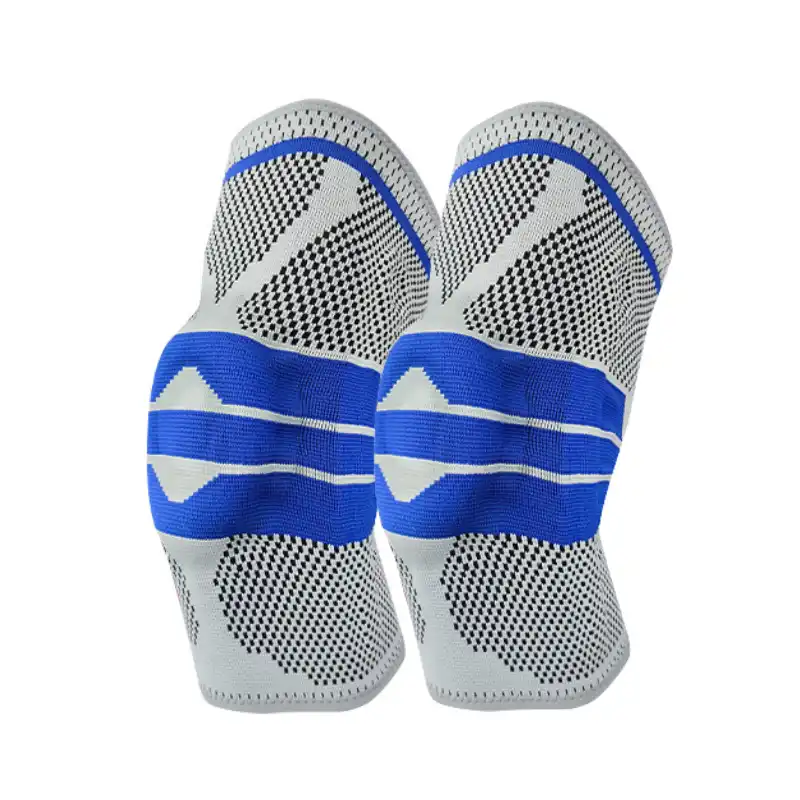 Wrestling knee pads featuring blue knitted compression sleeves and thick shock-absorbing foam pads