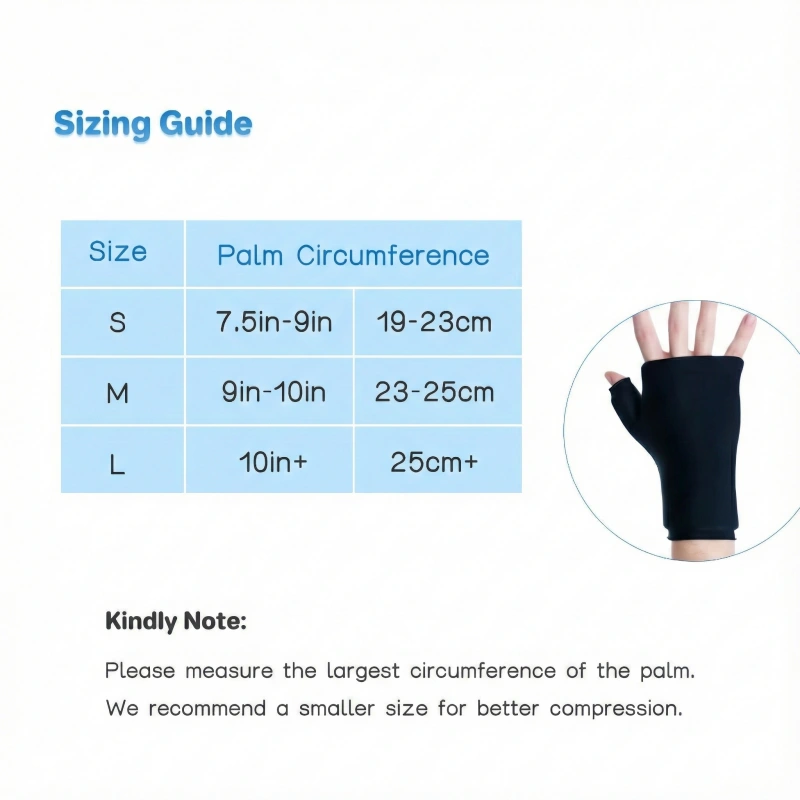 Wrist Ice Pack Wrap size chart displaying palm circumference guide for custom fit selection