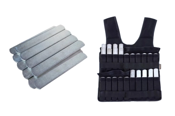 Thin steel strip weights loaded into an adjustable weighted vest
