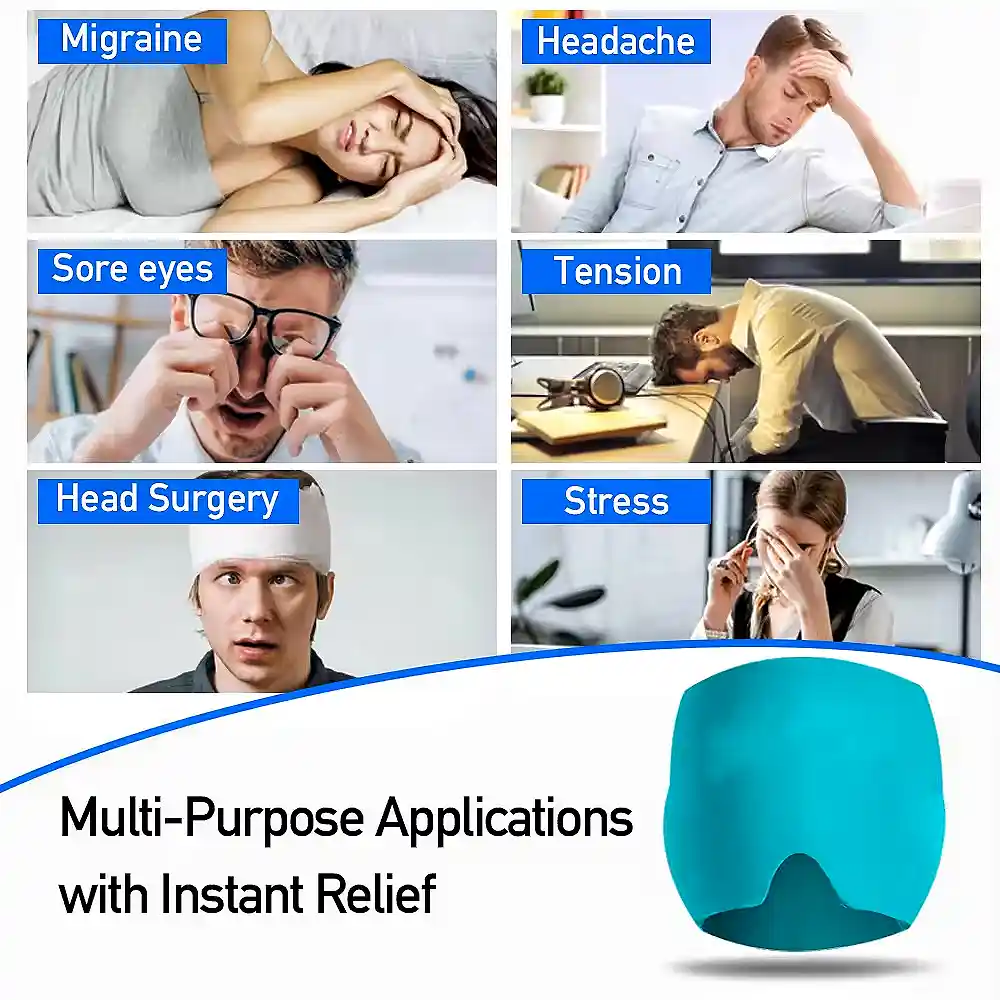 Migraine Relief Cap application scenes for migraine headache tension stress and sore eyes