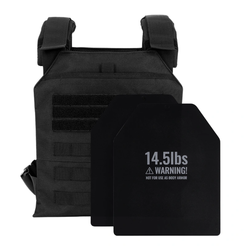Tactical Weighted Vest - plate-compatible, black plate carrier with two 14.5 lb weight plates