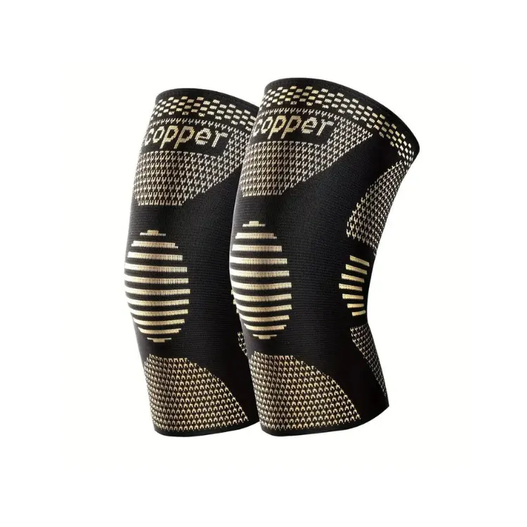 Copper infused knee sleeve with 3D knitted compression design in black and gold