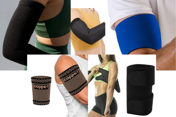 Different styles of arm compression sleeves arranged on a table