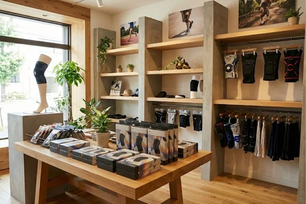 A sports protective gear retail store showcasing high-quality knee pads that don't slip off