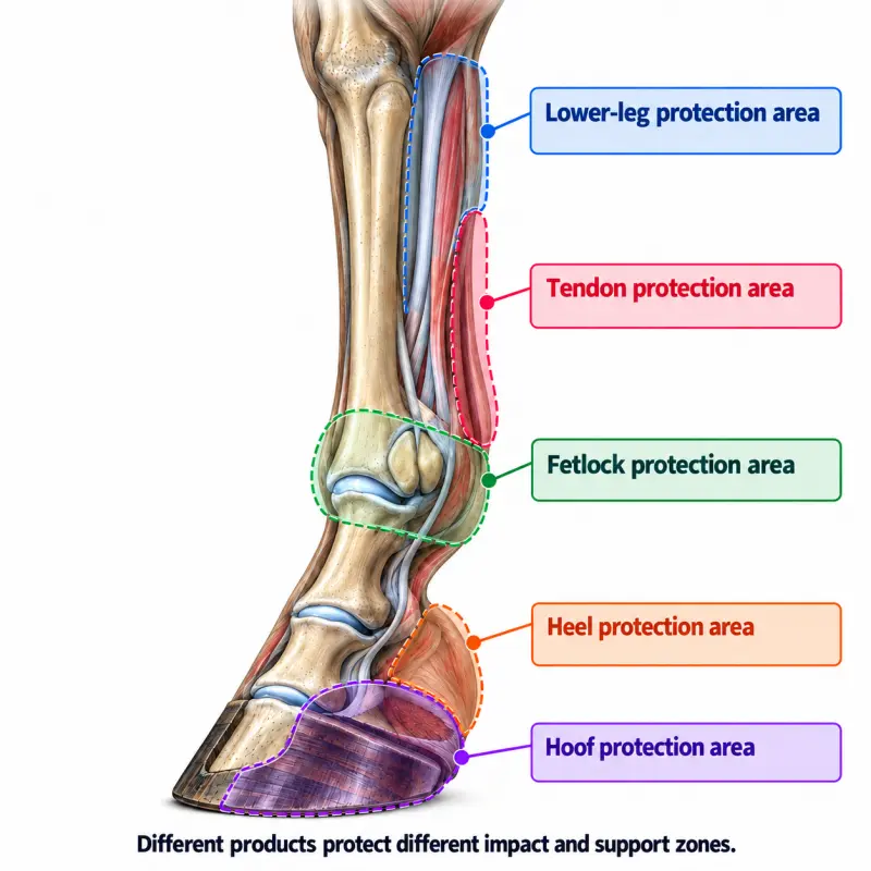 Horse lower leg wearing a protective boot, showing protection area, fit measurements, fastening straps and use environments