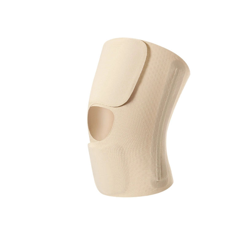 Beige lightweight knee sleeve featuring thin construction open patella and breathable material