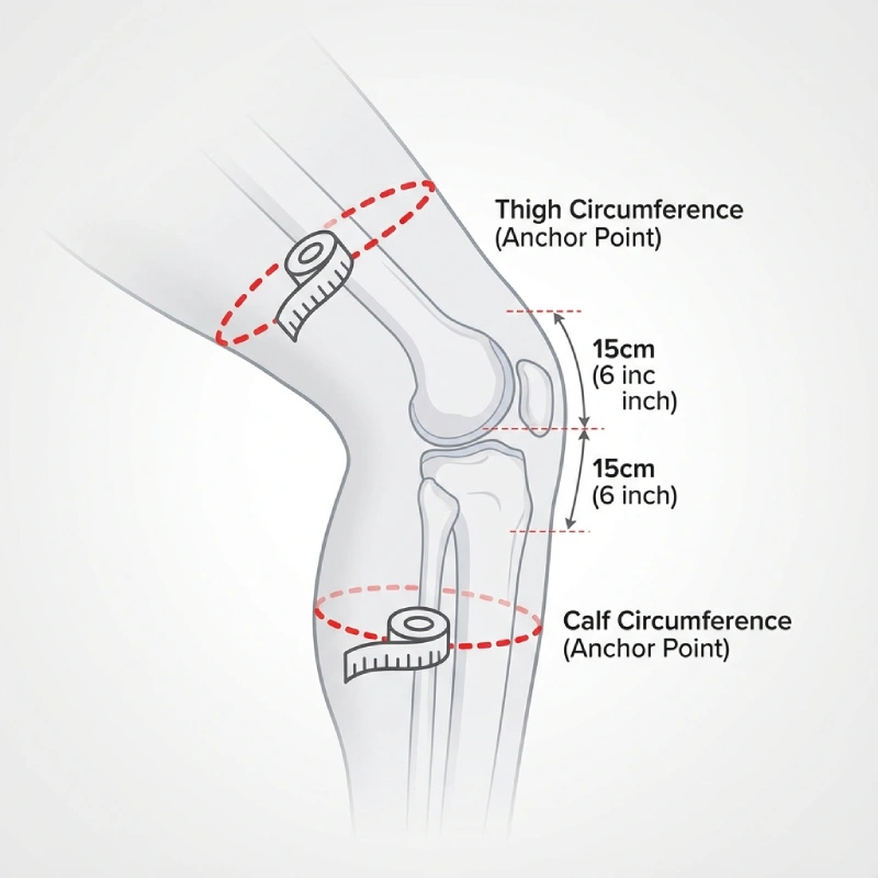 Sizing guide diagram showing thigh and calf circumference points for knee support