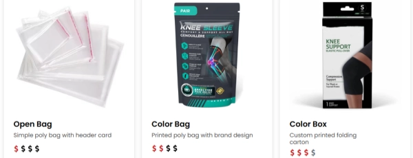Different packaging options for neoprene knee sleeves including open bags color bags and boxes