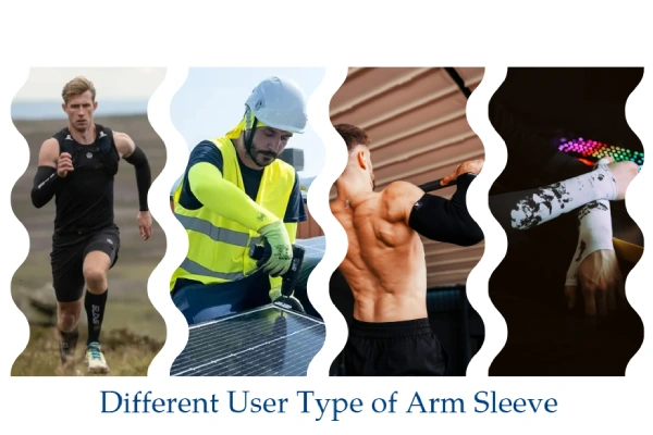 Various people including runners, athletes, and office workers using arm sleeves