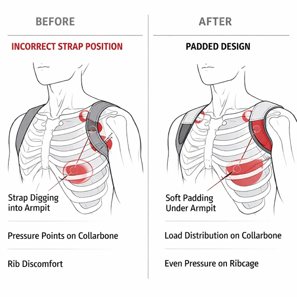 Before and after comparison of posture corrector strap design: incorrect strap position causes armpit digging and collarbone pressure, padded design with soft armpit cushion distributes load evenly across ribcage
