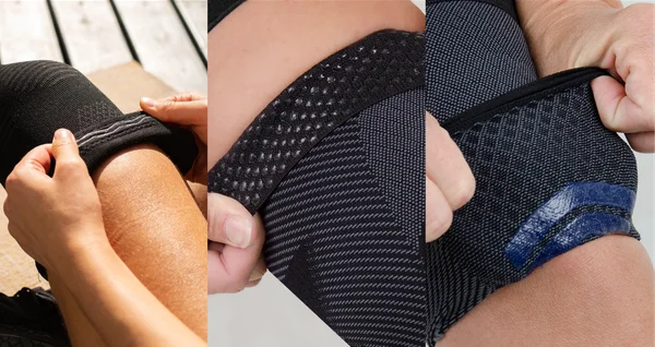 Inside view of a knee sleeve top band with silicone grip lines and dot patterns designed to prevent rolling and sliding